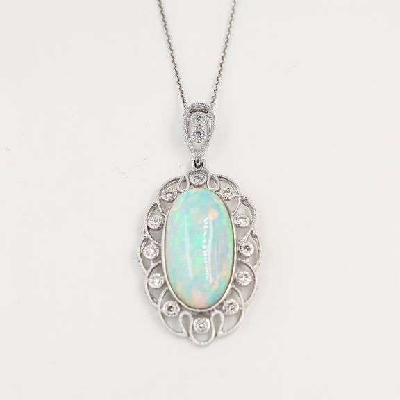 Platinum Natural White Opal & Diamond Pendant by Oscar Friedman