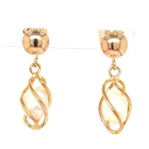 14kt Yellow gold Spiral cage Baroque pearl dangle earrings