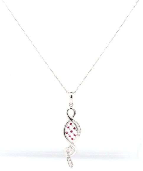 14kt White gold diamond and ruby Infinity knot pendant necklace