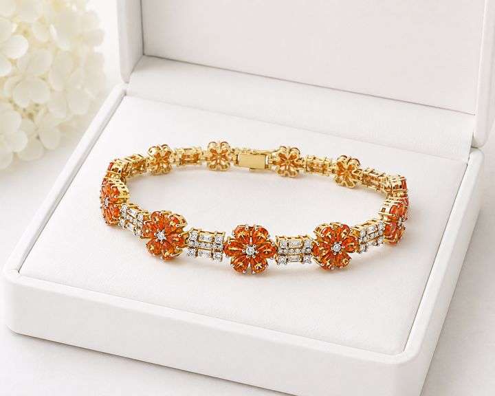 Amazing 11.65CTW Pear Cut Orange Sapphire & Diamond Bracelet in 14K Yellow Gold Over Sterling Silver