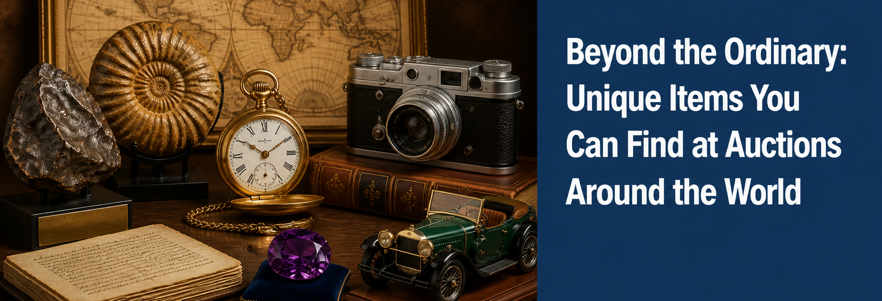 Unique auction items including a fossil, meteorite, antique map, watch, camera, manuscript, gemstone, and classic automobile.