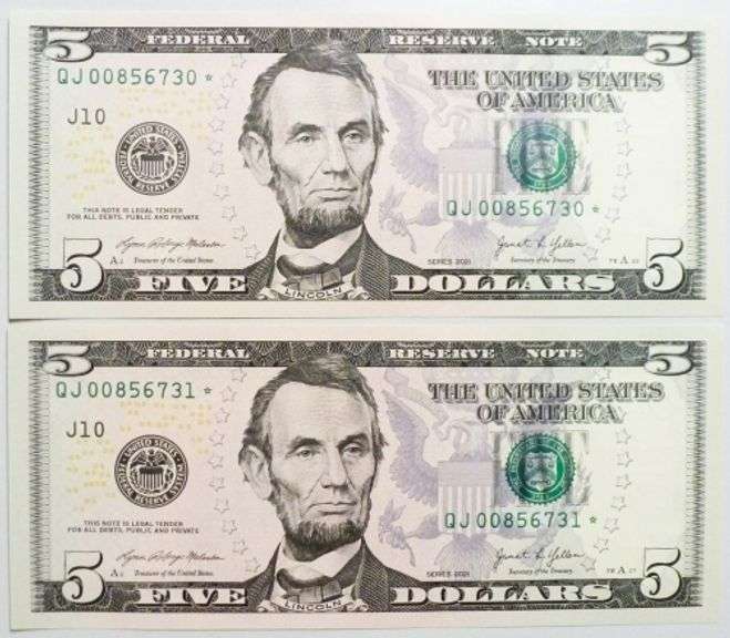 (2) Superb Crisp $5 2021 Star Replacement Notes Kansas City-Consecutive-Better Series!