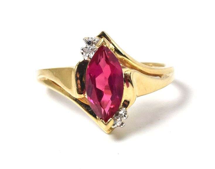 Pretty 10K Yellow Gold Synthetic Ruby Gemstone Ring with Diamond Accents