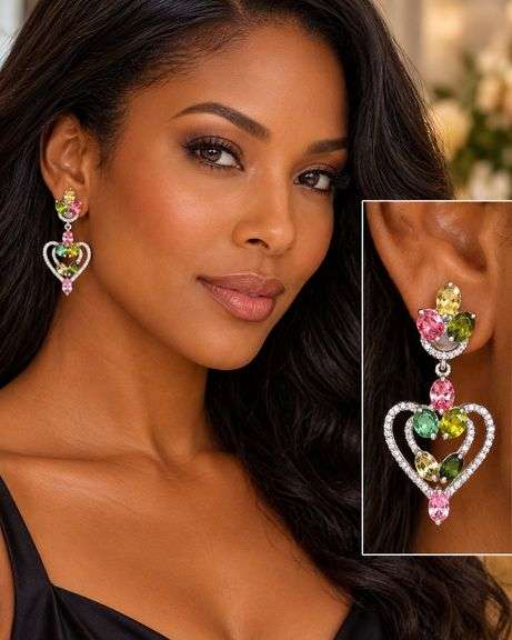 Enamoring Heart Shaped 6.80CTW Oval Multi Color Tourmaline & Diamond Dangle Earrings