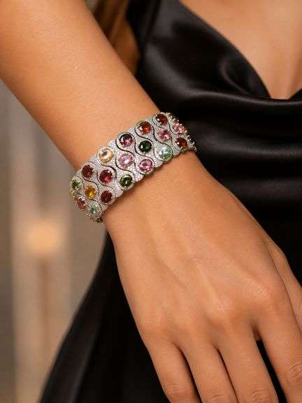 Extremely fine quality and collectible Heavy Silver Bracelet with Polychromatic Tourmalines and Diam