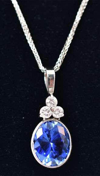 Elegant 14K White Gold Synthetic Blue Sapphire Gemstone Pendant Necklace with Diamond Accents