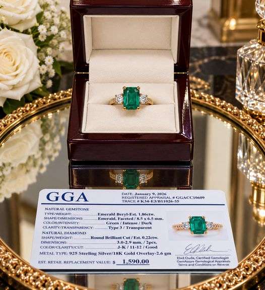 Very fine Emerald ring in gold plated silver with diamond accents