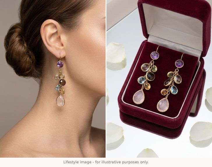 CERTIFIED 14K YELLOW GOLD DROP EARRINGS WITH MULTIPLE GEMSTONES
