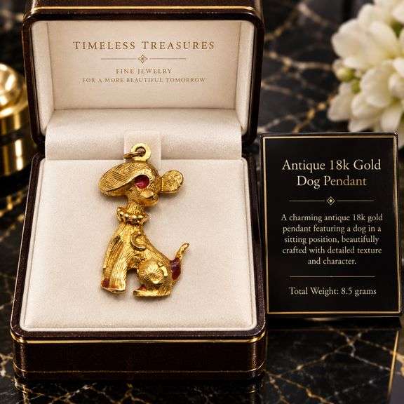 Antique 18k gold pendent, Dog sitting.