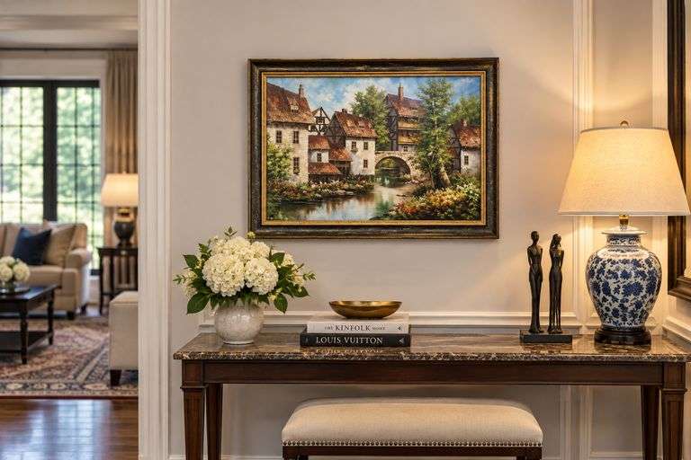 Investment! Antique European 20th Century Dutch Oil Painting Town near the River with Houses