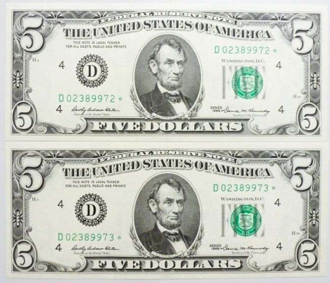 (2) Superb Crisp 1969 $5 Star Notes Cleveland-Consecutive Great Examples!