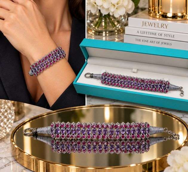 New! +15 ctw all natural Amethyst, sapphire ruby and diamond  weaved on fabric bracelet