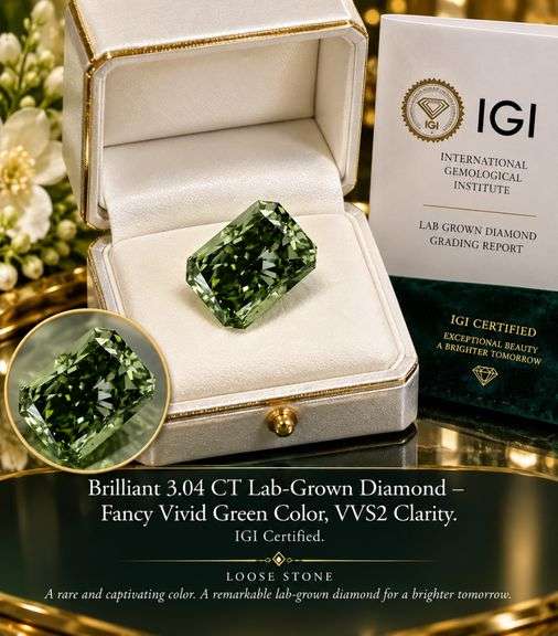 Brilliant 3.04 CT Lab-Grown Diamond – Fancy Vivid Green Color, VVS2 Clarity. IGI Certified.