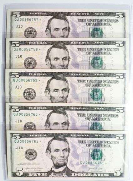 (5) Superb Crisp 2021 $5 Star Replacement Notes Kansas City-Consecutive Great Examples!