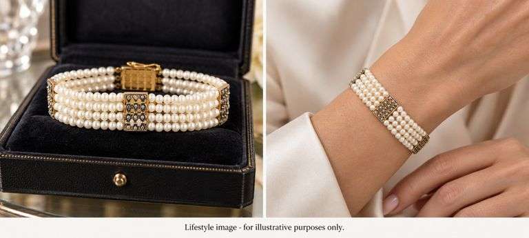 Vintage Seed Pearl and Diamond Multi Row Station Strand Bracelet in 18K