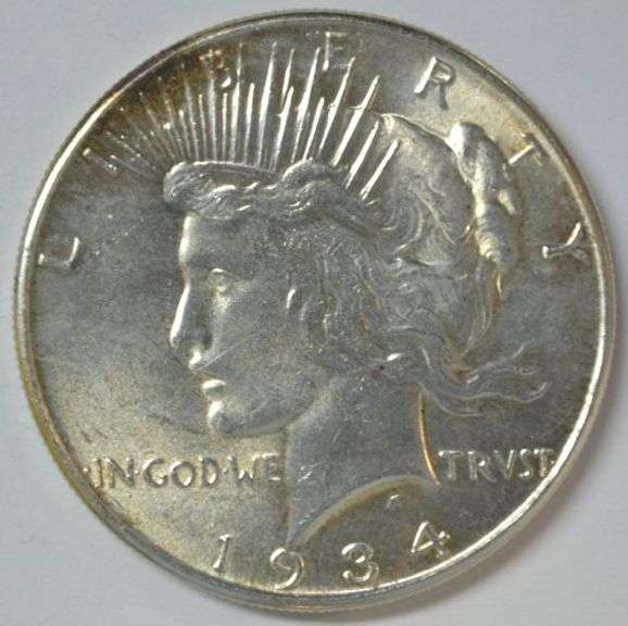 Brilliant-white fully struck BU 1934-P Peace Silver Dollar. Better date