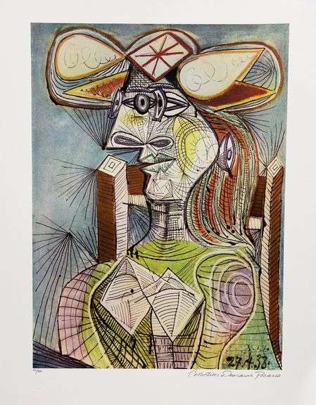 Collectible Pencil Numbered Pablo Picasso, Seated Woman on Wood Chair