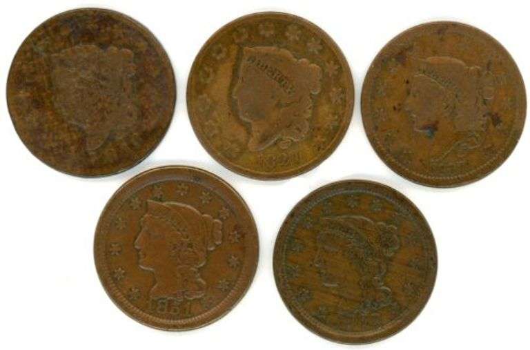 5 Different US Large Cents 1816 to 1852. Nice lot