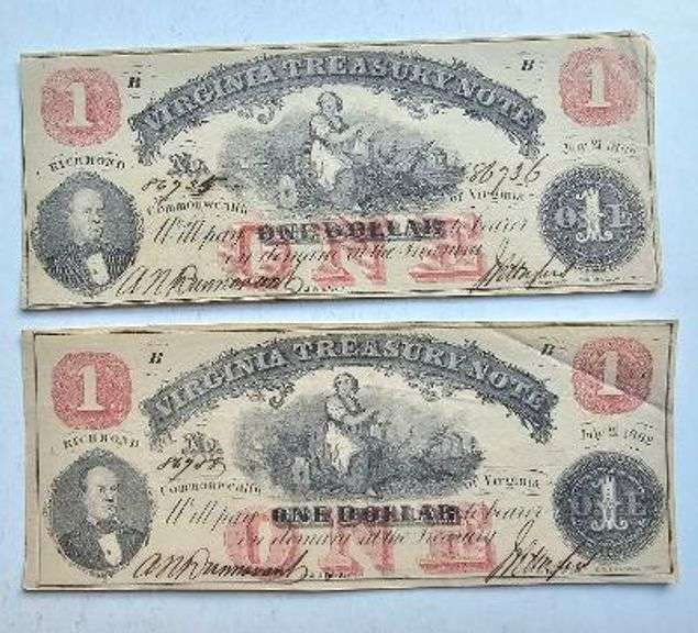 Two Near Uncirculated $1 1862 Virginia Treasury Note.
