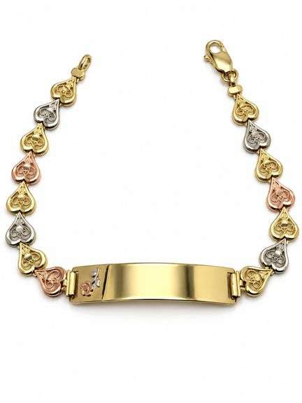 14k Solid Gold Tri-Color Heart Brracelet 7.0 inch, 7.4 gr