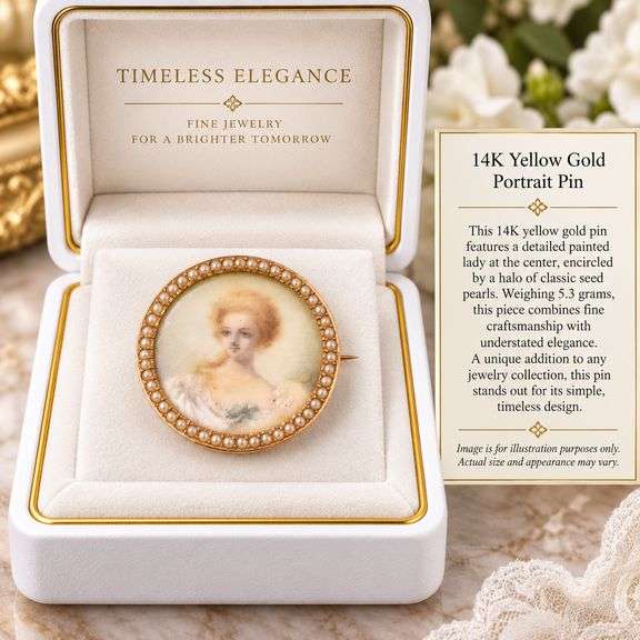 Antique 14K Yellow Gold Painted Lady Pin with Seed Pearl Halo