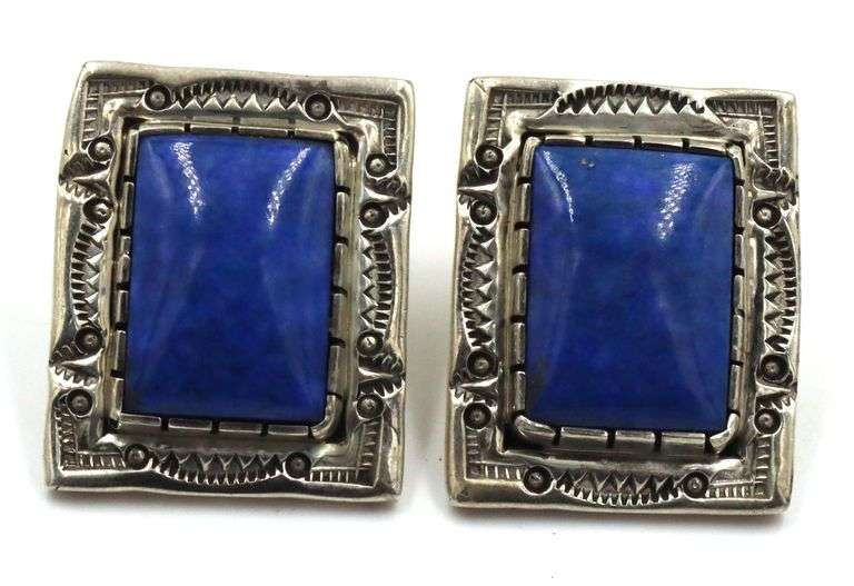 JLG Signed 925 sterling Silver Vintage Souhthwestern Style Lapis Earrings
