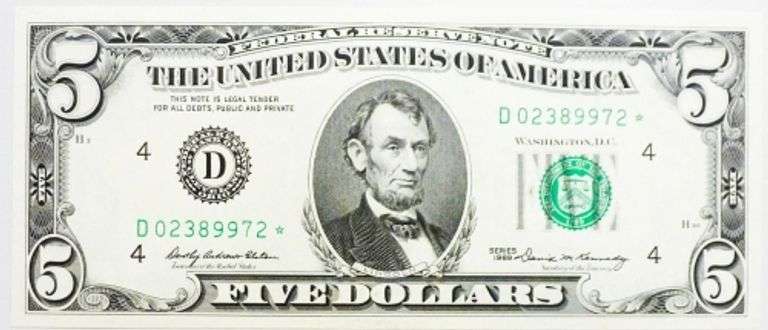 Superb Crisp 1969 $5 Star Note Cleveland-Great Example!