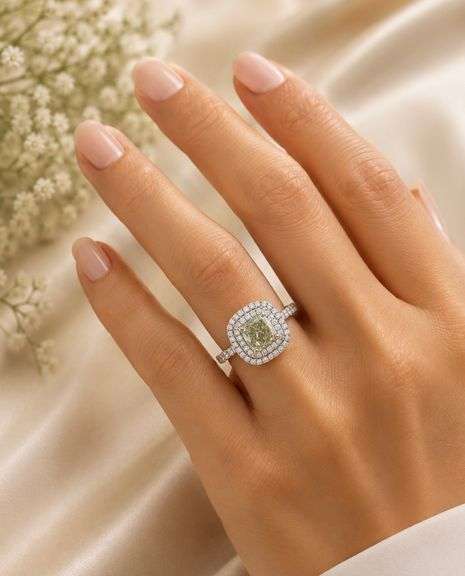 GIA Certified 1.55ct Grey-Green Yellow Cushion Diamond and 0.50ctw White Diamond Double Frame Engagement Ring in 14K