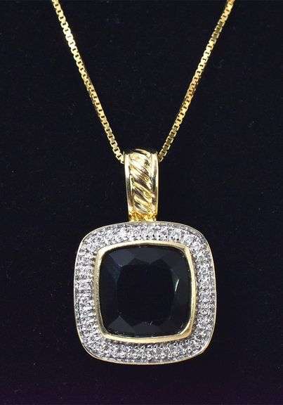 Elegant 14K Yellow Gold Black Onyx Gemstone Pendant Necklace with Diamond Accents