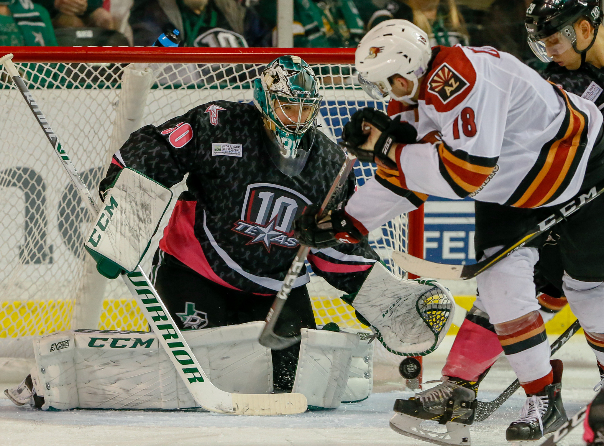 Texas Stars goaltender Philippe Desrosiers (30) attempts to locate and save a shot by Tucson Roadrunners center Lane Pederson