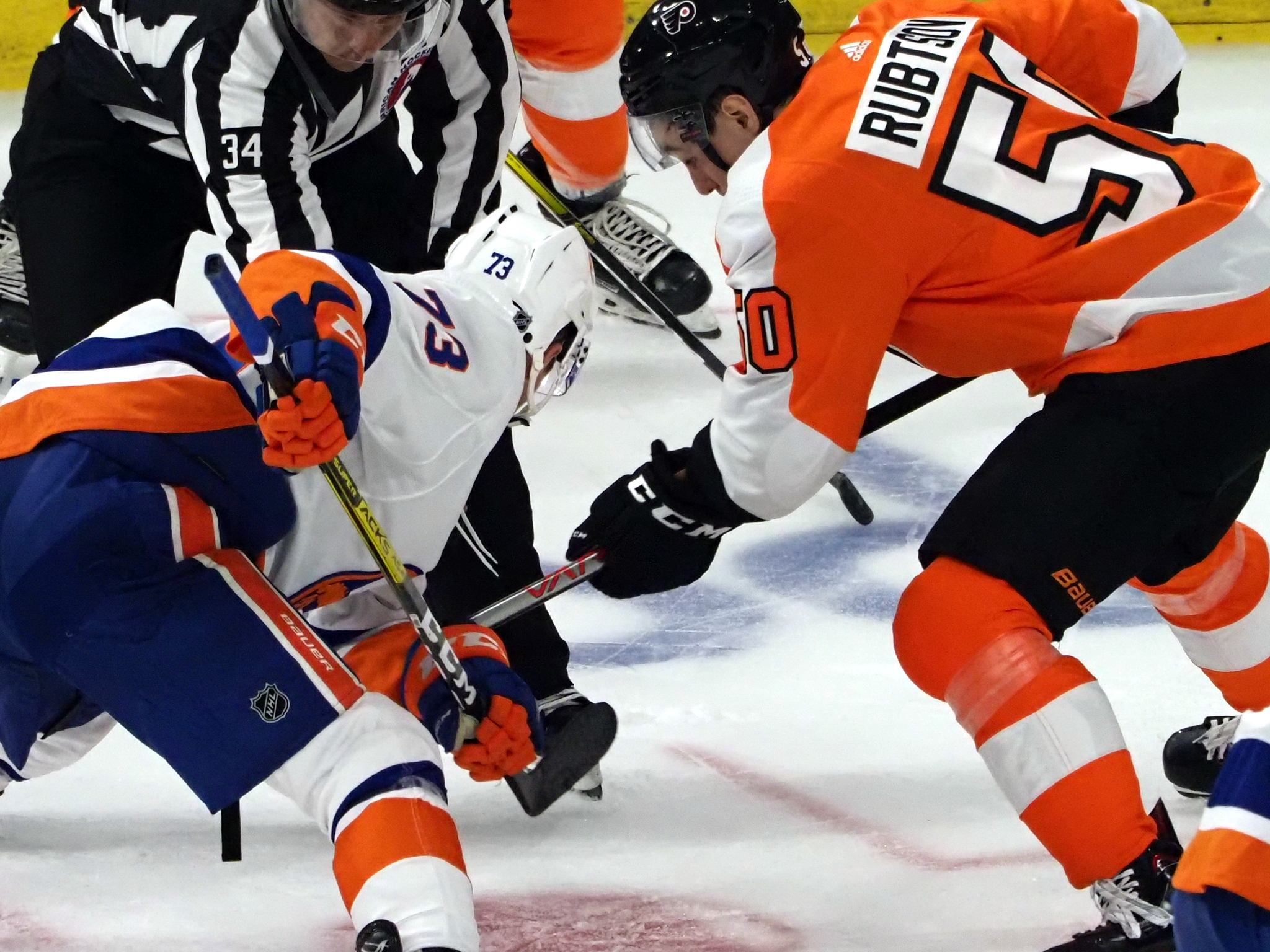 German Rubtsov (right) battles for a face-off during Wednesday night's rookie game.
