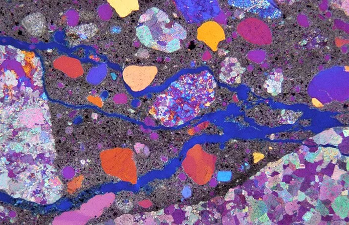 Microscope view of concrete under freezing and thawing conditions.