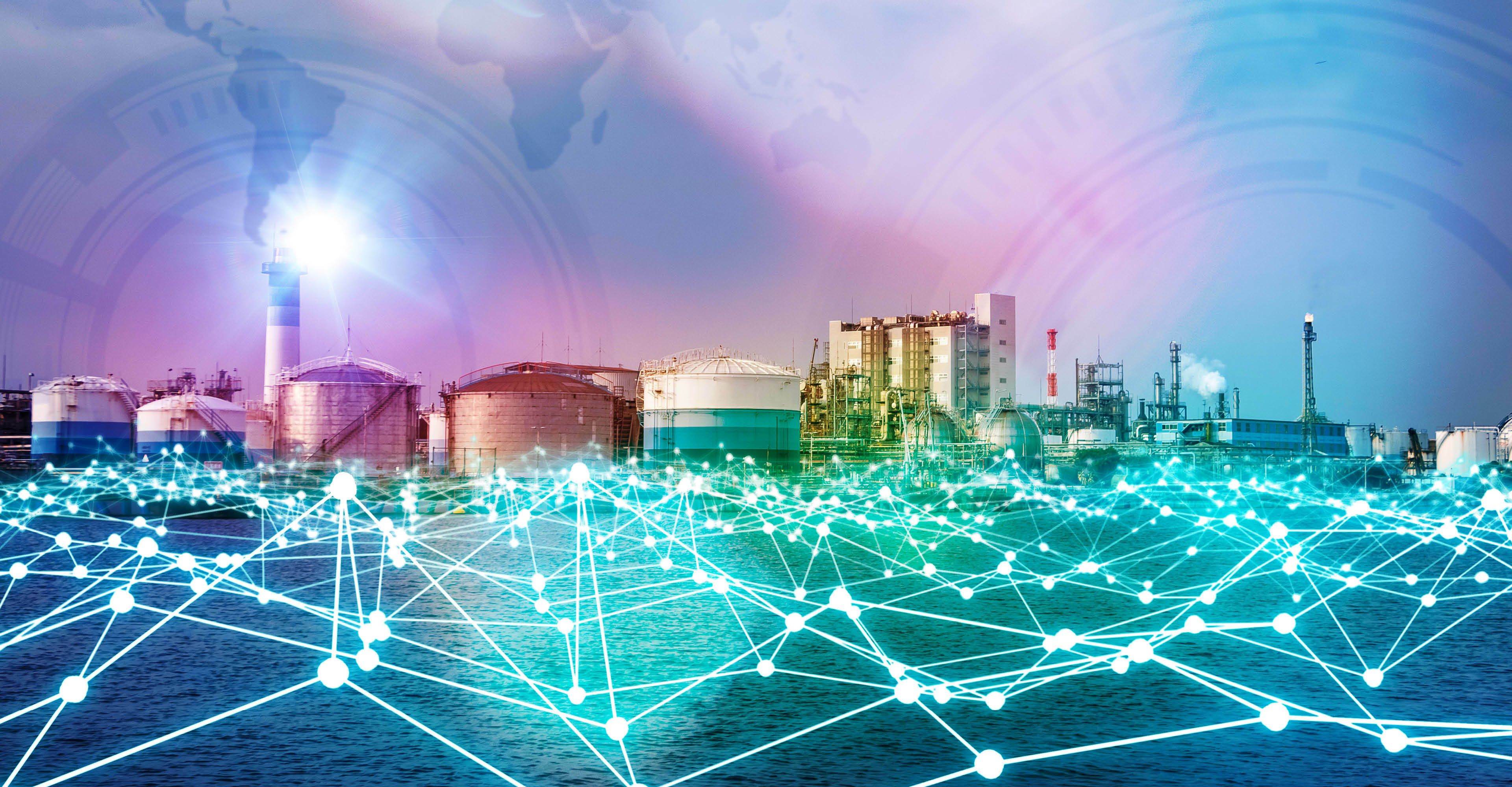 Modern factory skyline and mesh network concept