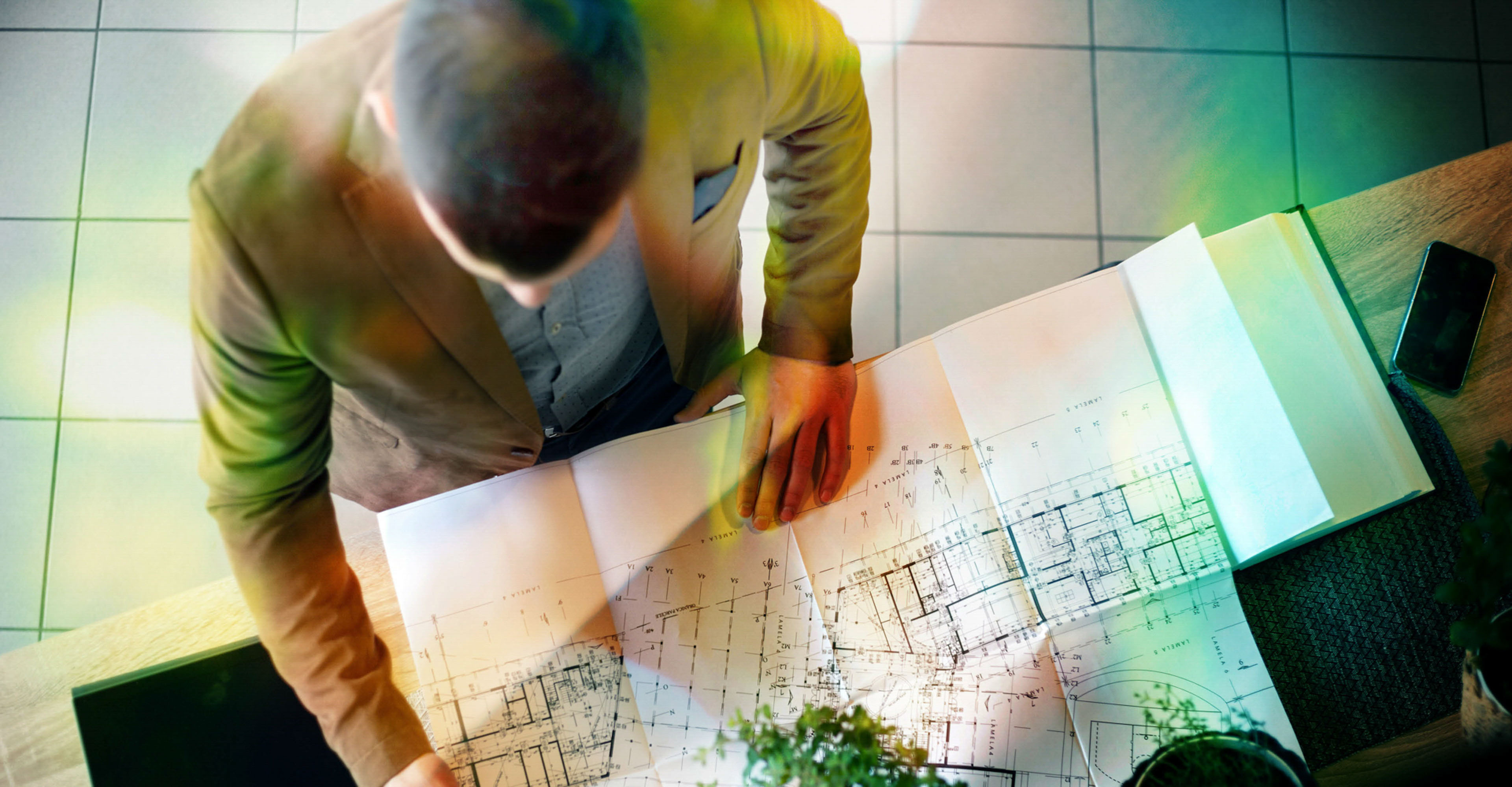 Interior architecture discussing with blueprint, Engineering Concept.