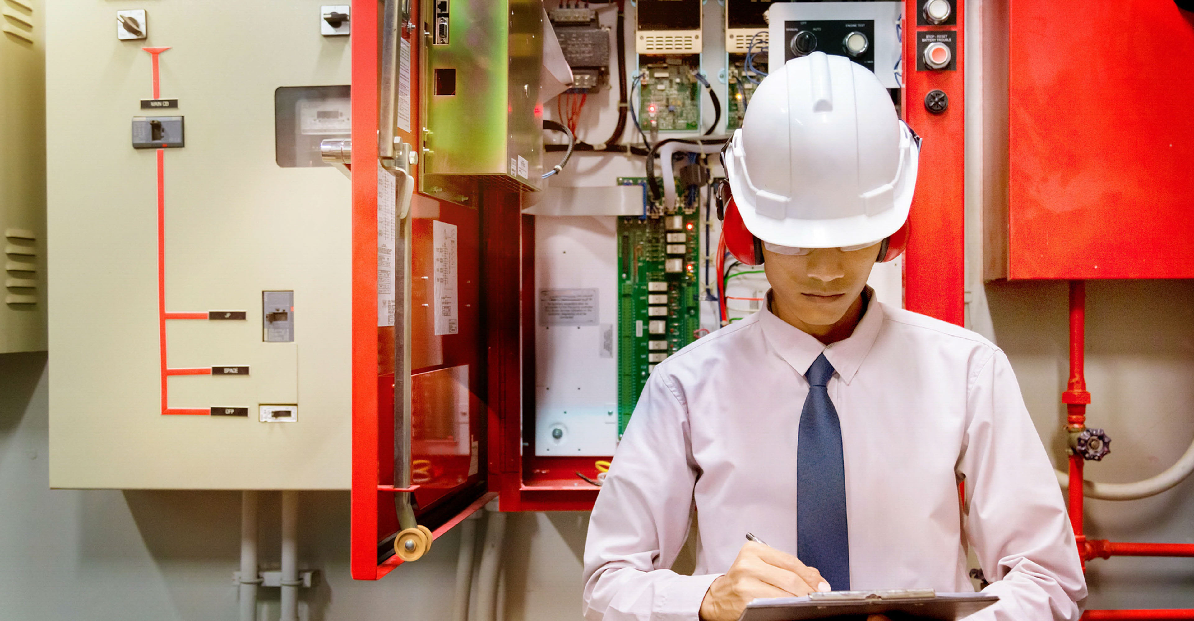 Engineer checking Industrial fire control system. Fire Alarm ready In the event of a fire.