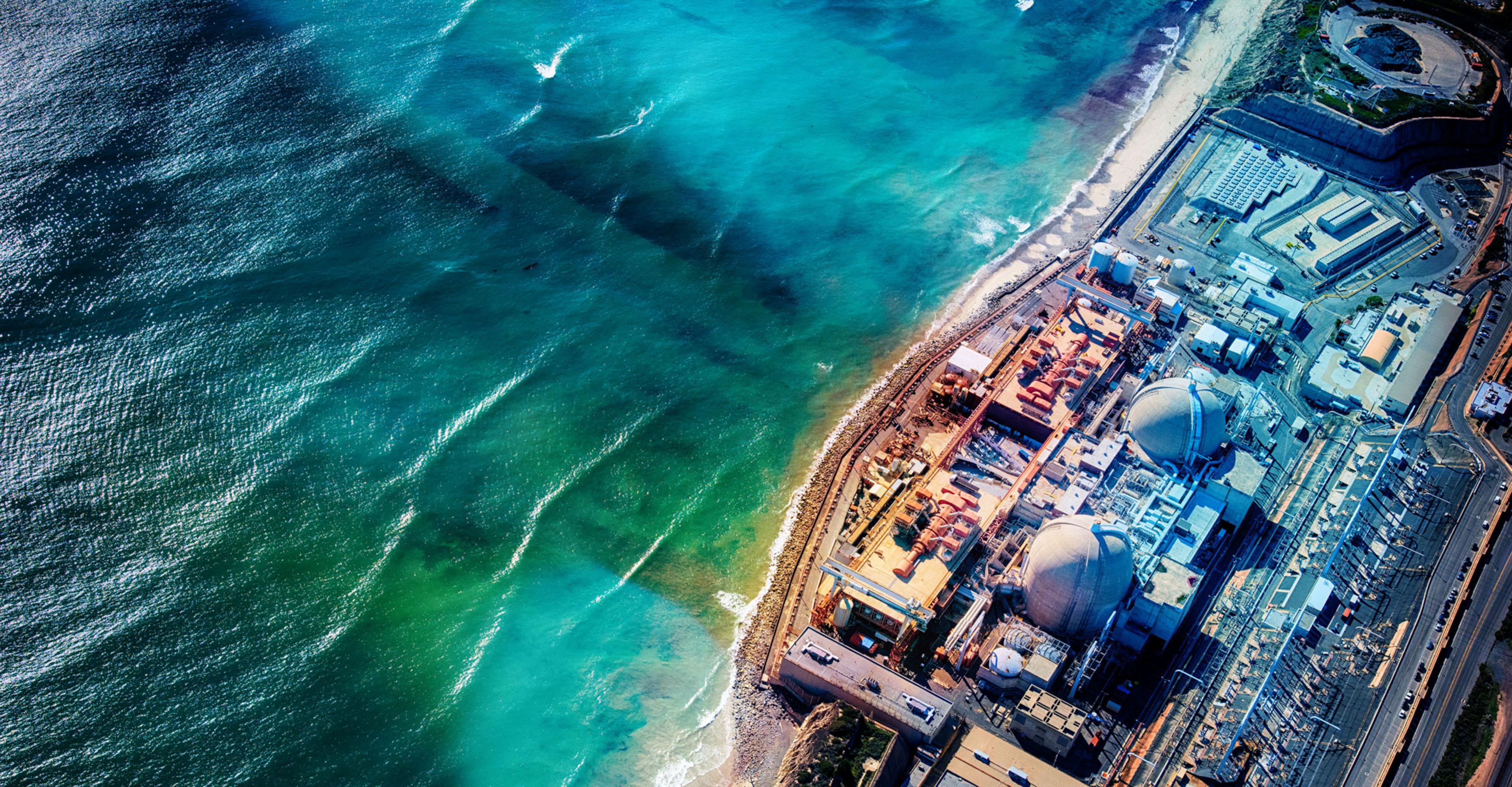 The San Onofre Nuclear Power Plant in Southern California shot from an altitude of about 1500 feet.
