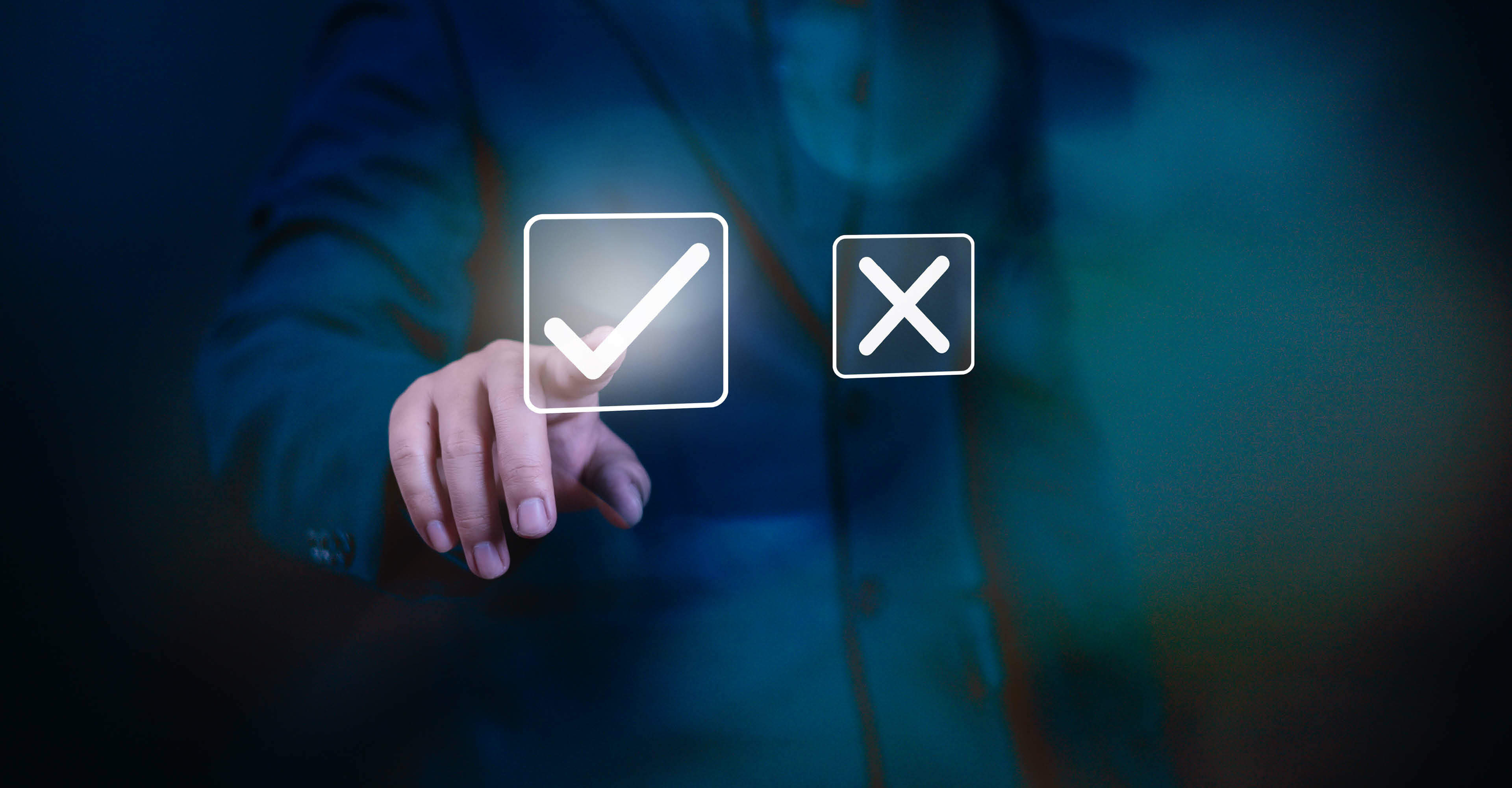 Yes or No decision idea. Checklist option communication. man selecting the checkmark option