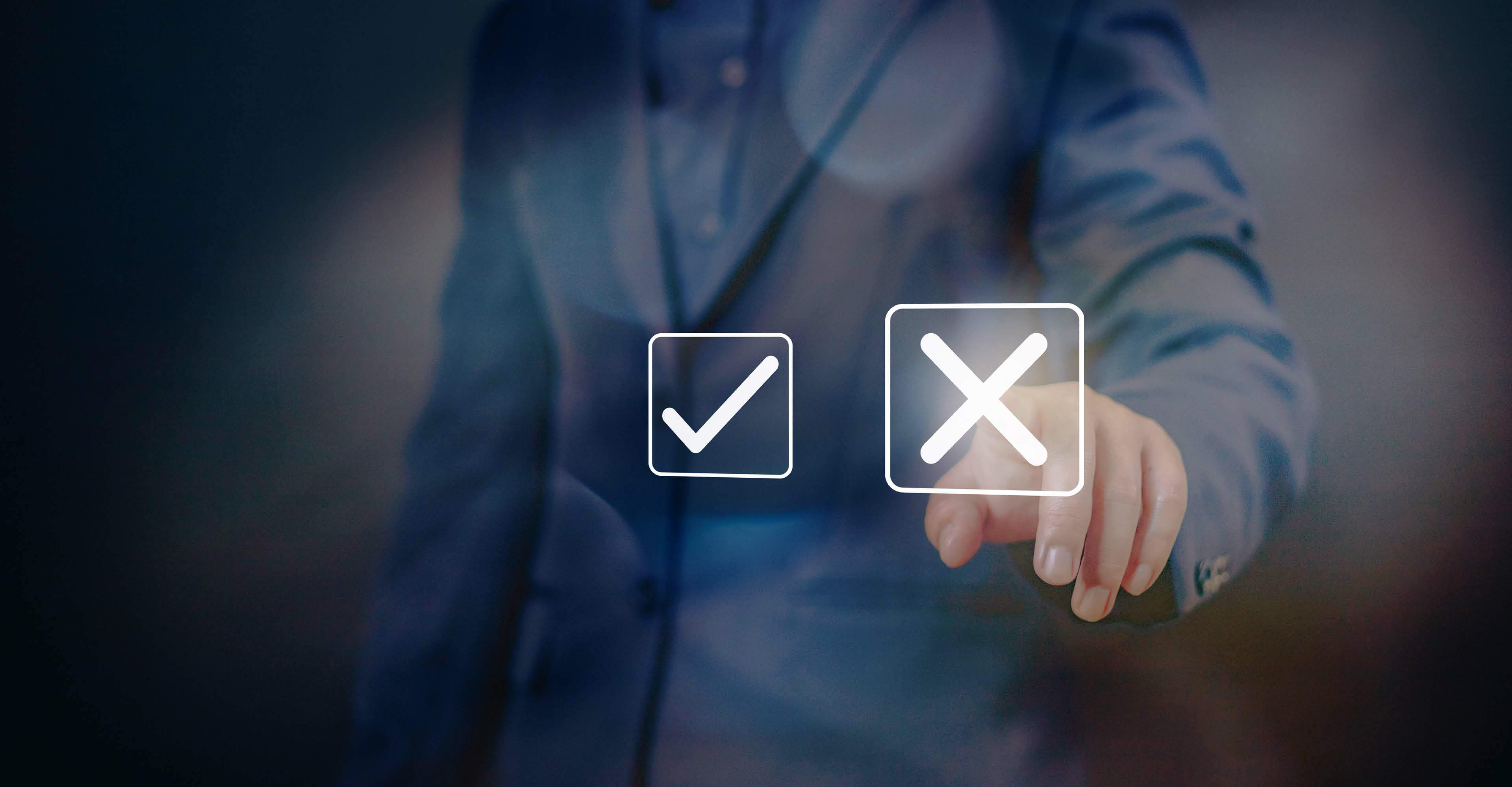 Yes or No decision idea. Checklist option communication, Man selecting the x option