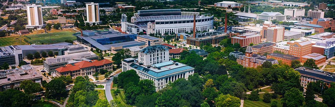 Aerial view of Columbus, Ohio cityscape.