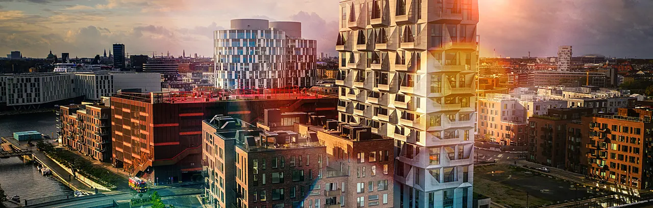 Copenhagen cityscape with contemporary office buildings and residental flats