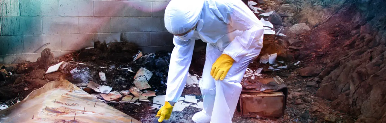 Man in Hazmat Suit Picking Through Wildfire Rubble