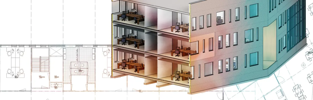 A building in 3D on a construction drawing.