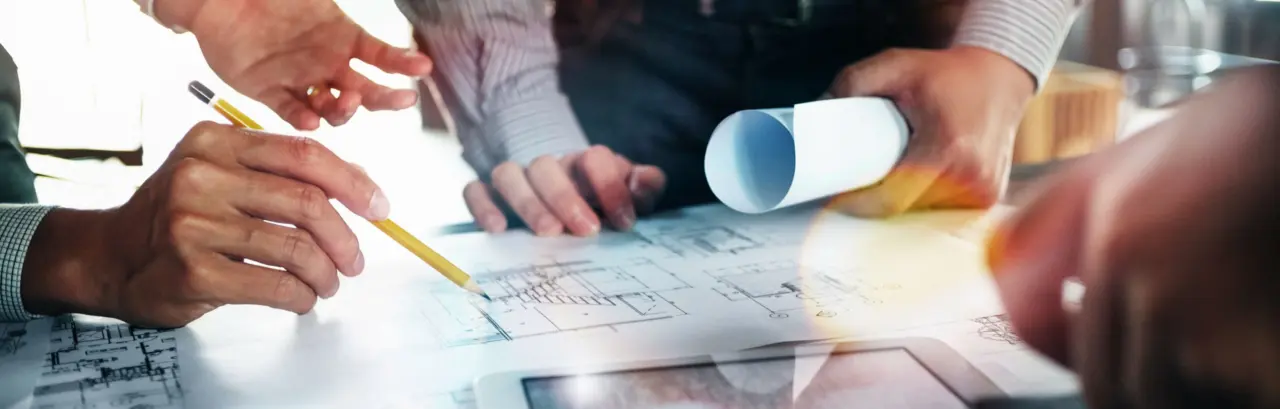Interior architecture discussing with blueprint, Engineering Concept.