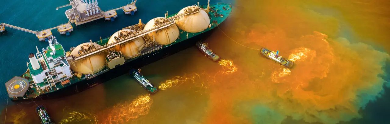 Oil spill at sea,  polluted water surface as a result of human activities