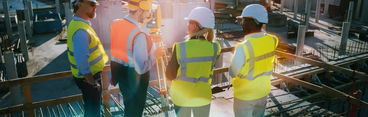Construction Worker Using Instrument for Measuring Angles s on Construction Site.