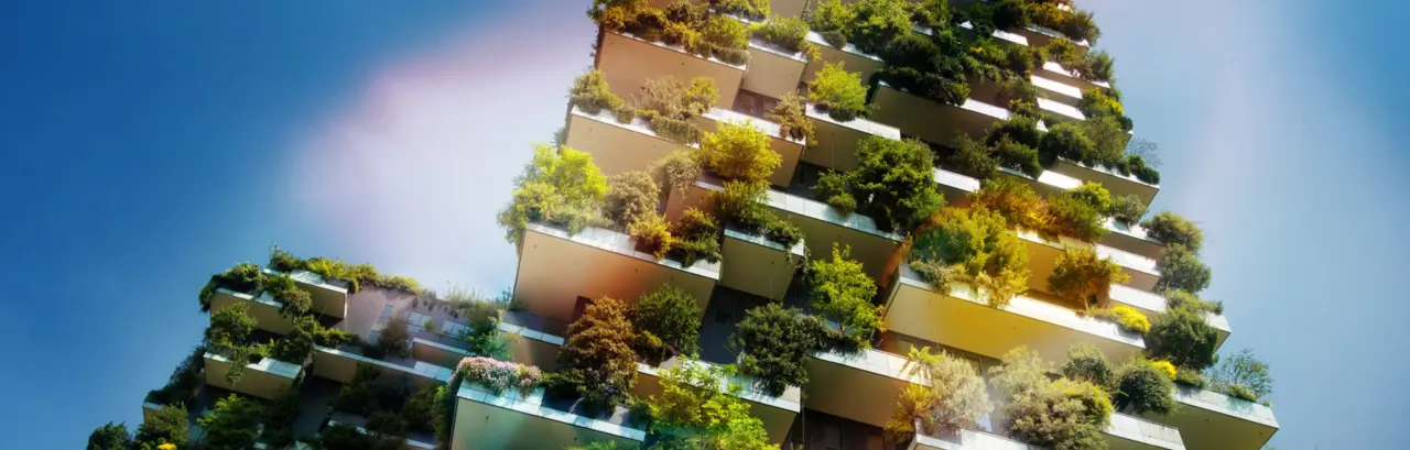 Sustainable green building, plants on building balconies