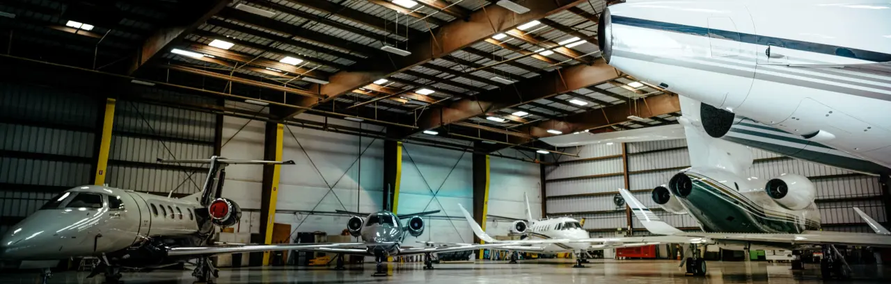 Inside of a massive hangar, several aircrafts are parked.