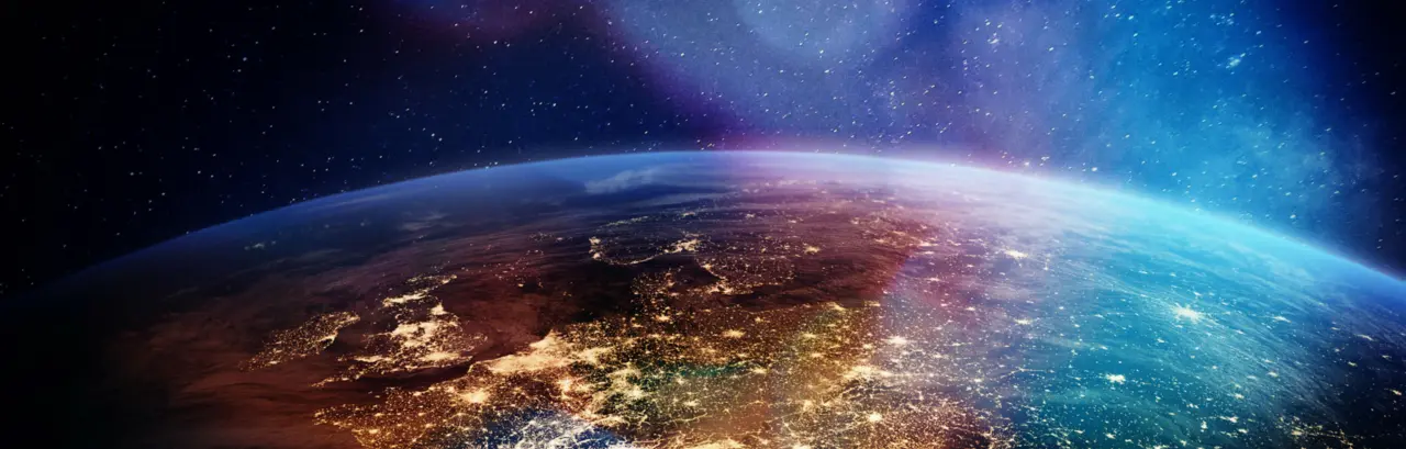 Europe at night viewed from space with city lights showing human activity