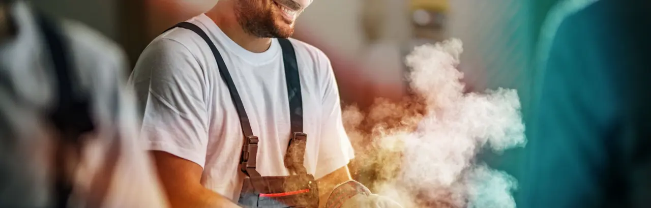 Smiling construction worker cleaning his gloves from sawdust at construction site.