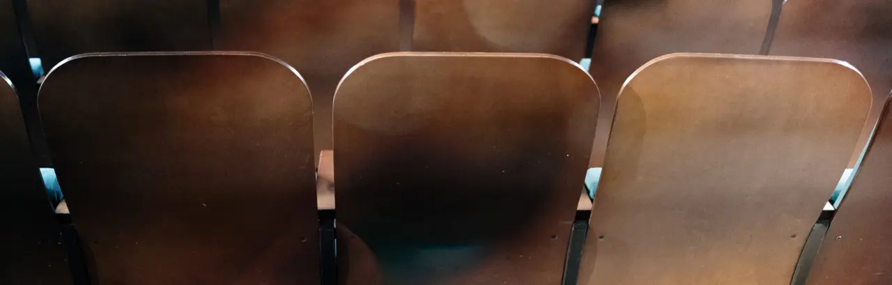 back of brown, wooden cinema or auditorium chairs